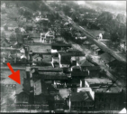 This photo shows where the old Alderson’s Store (Grange Building) stood (see red arrow. click photo to enlarge.) According to the photo, it’s the fourth building left of the old Bank building. It’s also where Ayers Restaurant building stands now.